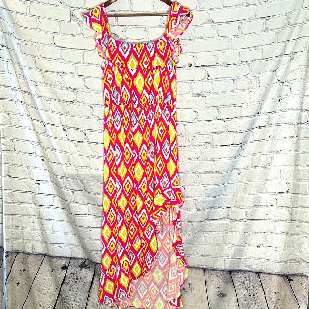 Savanna Jane Pink Yellow Ruffle Neckline Asymmetrical Hem Dress Size Large